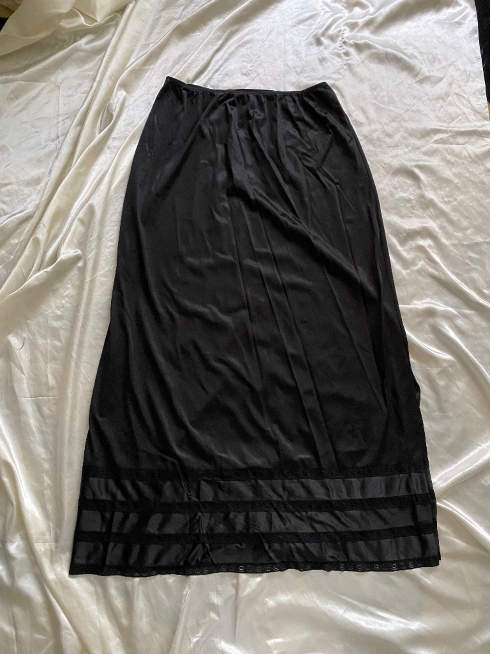 Vintage 1970s Sear Black Maxi Slip Lace Trim Coquette Boho Large MCM